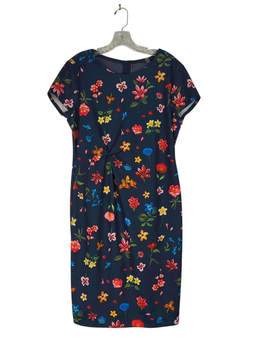 T Tahari Sheath Dress Women's 14 Navy Floral Short Sleeve Stretch Twist Front